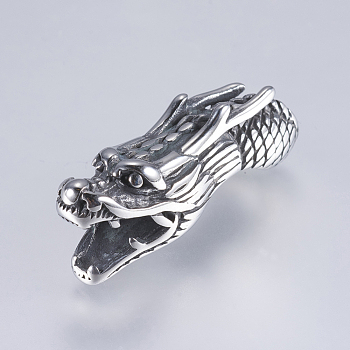304 Stainless Steel Slide Charms, Dragon, Antique Silver, 38x11x14mm, Hole: 6~7x7mm