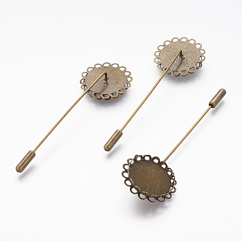 Antique Bronze Brass Cravate Pin Settings, Lead Free & Nickel Free, 78x26mm, Flat Round Tray: 20mm