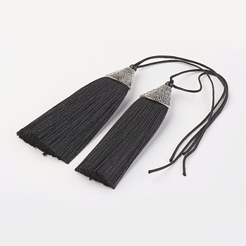 Nylon Tassels Big Pendant Decorations, with CCB Plastic, Antique Silver, Black, 85x20x10.5mm
