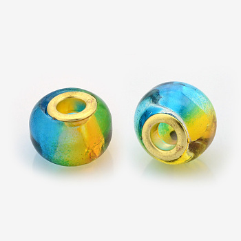 Two Tone Glass European Beads, Large Hole Rondelle Beads, with Golden Tone Brass Cores, Deep Sky Blue, 14x11mm, Hole: 5mm