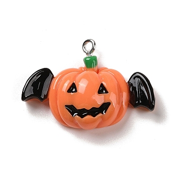 Opaque Resin Pendants, Halloween Charms with Platinum Tone Alloy Loops, Coral, Pumpkin with Wing, 23x32.5x9mm, Hole: 1.5mm