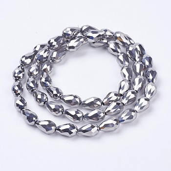 Electroplate Glass Beads Strands, Faceted, teardrop, Platinum Plated, 15x10mm, Hole: 1mm, about 50pcs/strand, 27.1 inch