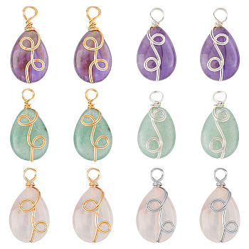 12Pcs 6 Styles Natural Mixed Stone Pendants, Natural Amethyst & Rose Quartz & Green Aventurine, Teardrop Charm, Twisted with Golden Tone Copper Wire, Golden & Silver, 25~25.5x13x6.7~7mm, Hole: 3.4~3.9mm, 2pcs/style