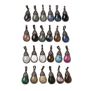 Natural & Synthetic Mixed Gemstone Pendants, Brass Teardrop Charms, Red Copper, Lead Free & Cadmium Free, 31x15x8mm, Hole: 5x7.5mm