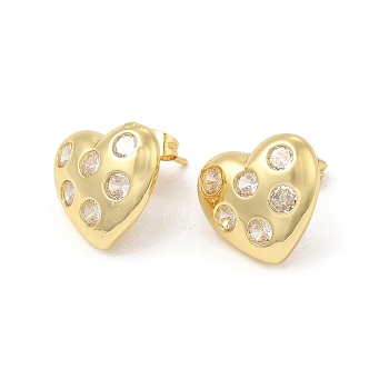 Clear Cubic Zirconia Heart Stud Earrings, Brass Jewelry for Women, Golden, 14x15.5mm, Pin: 0.8mm