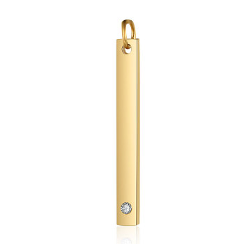 201 Stainless Steel Bar Tag Pendants, with Rhinestone, Rectangle, Crystal, Golden, 32x3x1.5mm, Hole: 3mm