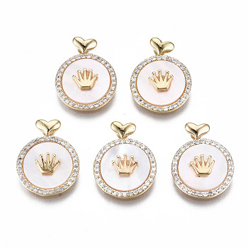 Brass Micro Pave Clear Cubic Zirconia Pendants, with White Shell Nickel Free, Flat Round with Crown, Real 18K Gold Plated, 16x13x3mm, Hole: 1.4mm