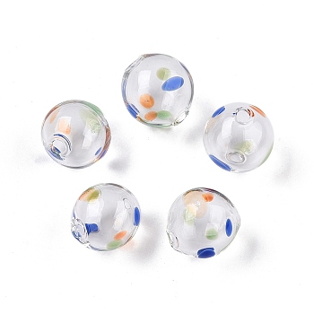 Transparent Handmade Blown Glass Globe Beads, Wave Point Pattern, Round, Blue, 13.5~14.5x14~15mm, Hole: 1~2mm