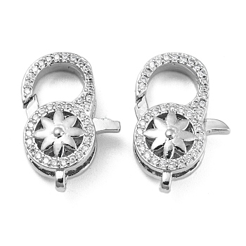Brass Micro Pave Clear Cubic Zirconia Lobster Claw Clasps, Flower, Platinum, 19.5x13x6.5mm, Hole: 1.5mm