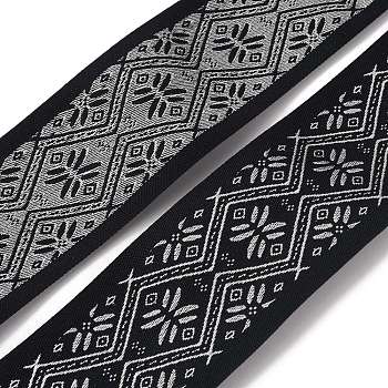 Ethnic style Embroidery Polyester Ribbons, Jacquard Ribbon, Garment Accessories, Floral Pattern, Black, 1-7/8 inch(48mm)