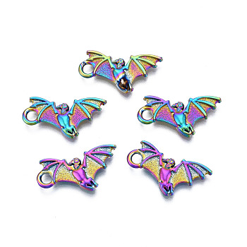Rainbow Color Alloy Pendants, Cadmium Free & Lead Free, Bat, 11.5x22x2.5mm, Hole: 2mm
