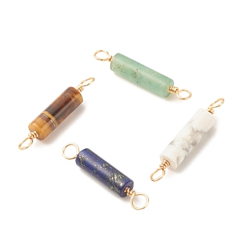 Natural Mixed Stone Connector Charms, with Light Gold Tone Eco-Friendly Brass Wire Double Loops, Column, 23~24x4mm, Hole: 2~2.5mm