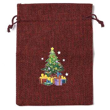 Christmas Theme Jute Cloth Storage Bags, Rectangle Drawstring Bags, FireBrick, Christmas Tree, 18x13x0.4cm