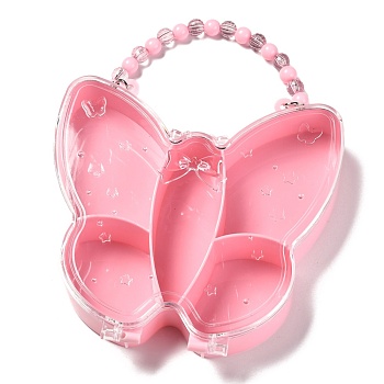 Butterfly Plastic Jewelry Boxes, 5 Grids with Plastic Beads Handle, Transparent Cover, Pink, 15x15.1x3.05cm,  5 compartments/box
