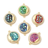 Rack Plating Brass Micro Pave Clear Cubic Zirconia Flat Round with Moon Connector Charms, with Shell & Enamel, Real 18K Gold Plated, Long-Lasting Plated, Lead Free & Cadmium Free, Mixed Color, 24x18x3mm, Hole: 2mm(KK-K385-088G)