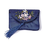 Embroidery Cloth Zip Pouches, with Tassels and Stainless Steel Snap Button, Rectangle, Midnight Blue, 12x8.5cm(ABAG-O002A-03)