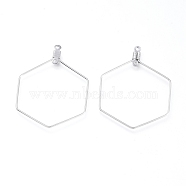 304 Stainless Steel Pendants, Hoop Earring Findings, Hexagon, Stainless Steel Color, 40x29.5x0.6mm, Hole: 1.2mm(STAS-L232-104P)