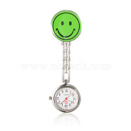 Alloy Smile Nurse Table Pocket Watches, with Alloy Enamel Table, Metal Chains and Iron Clips, Flat Round, Lawn Green, 91mm; Watch Head: 29x8mm; Watch Face: 20mm; Smile Face:32x29x17mm(WACH-N007-03D)