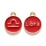 Alloy Enamel Pendants, Cadmium Free & Lead Free, Flat Round with Constellation, Light Gold, Red, Libra, 22x18x2mm, Hole: 1.5mm(ENAM-S124-01A-07K)