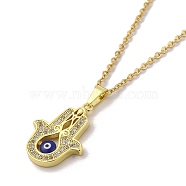 304 Stainless Steel Pendant Necklaces, Brass Micro Pave Clear Cubic Zirconia Pendant Necklaces, Hamsa Hand, 17.52 inch(44.5cm) Pendant: 23.5x17mm.(NJEW-U002-06G)