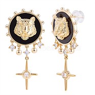 Clear Cubic Zirconia Lion with Cross Dangle Earrings with Enamel, Golden Brass Jewelry for Women, Golden, 42.5x21mm, Pin: 0.8mm(JE967A)