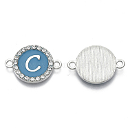 Alloy Enamel Links Connectors, with Crystal Rhinestones, Flat Round with Letter, Silver Color Plated, Letter.C, 22x16x2mm, Hole: 1.8mm(ENAM-TAC0003-01S-06C)