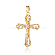 3Pcs Brass Micro Pave Cubic Zirconia Pendants, Cross Charms, Real 18K Gold Plated, 32x22x6.9mm(ZIRC-OY001-60)