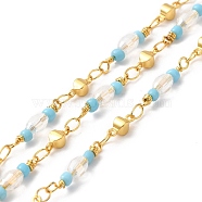 Handmade Oval Glass Beaded Chains, Real 18K Gold Plated Brass Link Chains, Soldered, with Spool, Cadmium Free & Lead Free, Light Sky Blue, Link: 8.5x3.5x3mm, Glass Bead: 18~19x4mm(CHC-M024-14G)
