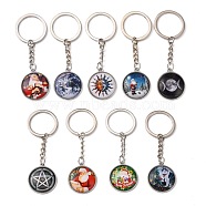 Alloy Keychain, Wicca Jewelry, with Glass, Flat Round with Mixed Patterns, Platinum, 80x25mm(KEYC-F028-M-P)