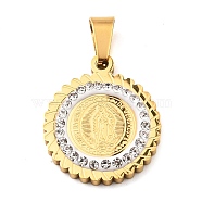 Ion Plating(IP) 304 Stainless Steel Pendant with Crystal Rhinestone, Religion Theme Flat Round with Jesus Charms, Golden, 21.5x18x3mm, Hole: 7x4mm(STAS-H182-05A-G)