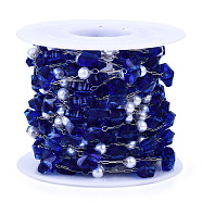 Glass Butterfly & ABS Plastic Pearl Beaded Chains, with Stainless Steel Color Plated 316 Stainless Steel Paperclip Chains, Soldered, Faceted, with Spool, Medium Blue, 6x8x4.5mm, about 16.40 Feet(5m)/Roll(CHS-N003-02-03)
