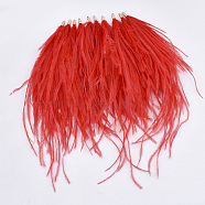 Ostrich Feather Tassel Big Pendant Decorations, with Brass Findings, Golden, Red, 130~170x4mm, Hole: 1.6mm(FIND-S302-08I)