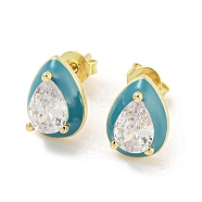 Teardrop Real 18K Gold Plated Brass Stud Earrings, with Cubic Zirconia and Enamel, Teal, 10.5x8mm(EJEW-L269-093G)