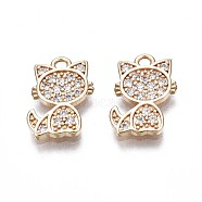 Brass Micro Pave Clear Cubic Zirconia Charms, Cat, Real 18K Gold Plated, 12.5x9x1mm, Hole: 1.4mm(KK-Q764-016)