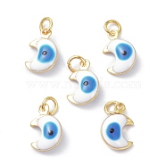 Brass Enamel Charms, Real 18K Gold Plated, with Jump Rings, Moon with Evil Eye, Cadmium Free & Lead Free, White, 11x7x3.5mm, Hole: 2.6mm(KK-C218-01G-E)