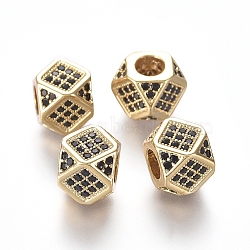 Brass Micro Pave Cubic Zirconia Beads, Polygon, Black, Real 18K Gold Plated, 6.5x6.5x6.5mm, Hole: 3mm, Diagonal Length: 9mm(ZIRC-L088-01A-G)