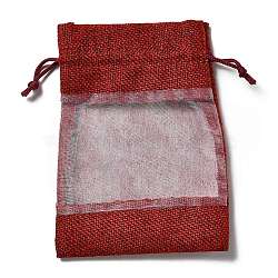 Linen Pouches, Drawstring Bags, with Organza Windows, Rectangle, Dark Red, 14x10x0.5cm(ABAG-I009-02D)