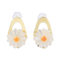 Flower Natural Shell Ear Studs with Brass and 925 Sterling Silver Pins for Summer Jewelry, Real 14K Gold Plated, 15.5x10mm(EJEW-P256-71G)