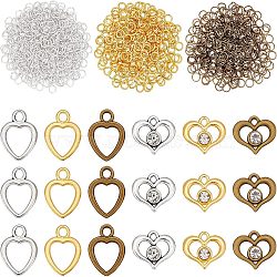 SUPERFINDINGS 60Pcs 6 Style Heart Alloy Pendants, with Rhinestone, with 60G Iron Open Jump Rings, Mixed Color, 13x15x4mm, hole: 2mm, 17x13x1.5mm, Hole: 2.5mm, 10Pcs/style(FIND-FH0003-46)