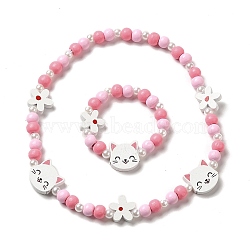 Maple Wood & Acrylic Jewelry Set, Beaded Necklace & Stretch Bracelet for Kids, Cat Shape, Bracelet: Inner Diameter: 1-1/2 inch(3.9cm), Necklace: 15-3/4 inch(40cm)(SJEW-C003-02R)