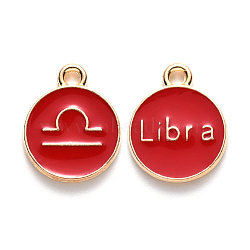 Alloy Enamel Pendants, Cadmium Free & Lead Free, Flat Round with Constellation, Light Gold, Red, Libra, 22x18x2mm, Hole: 1.5mm(ENAM-S124-01A-07K)