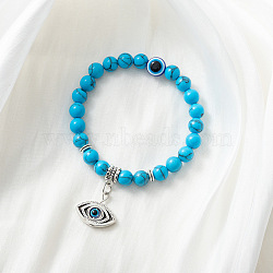 Synthetic Turquoise Stretch Bracelet with Evil Eye Charms, Mixed Shapes(SM1499-1)