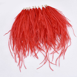 Ostrich Feather Tassel Big Pendant Decorations, with Brass Findings, Golden, Red, 130~170x4mm, Hole: 1.6mm(FIND-S302-08I)