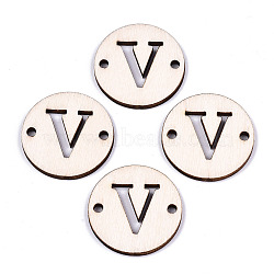 Unfinished Natural Poplar Wood Links Connectors, Laser Cut, Flat Round with Word, Letter.V, 29.5x2.5mm, Hole: 2.5mm(WOOD-S045-140B-01V)