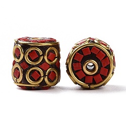 Handmade Indonesia Beads, with Brass Findings and Resin, Antique Golden, Column, Red, 14x14mm, Hole: 1.8mm(KK-G454-08G-02)
