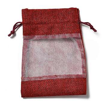 Linen Pouches, Drawstring Bags, with Organza Windows, Rectangle, Dark Red, 14x10x0.5cm