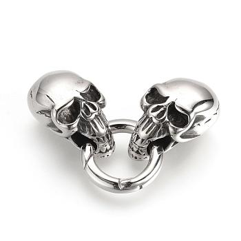 304 Stainless Steel Spring Gate Rings, O Rings, with Two Cord End Caps, Skull, Antique Silver, 55x15x14mm