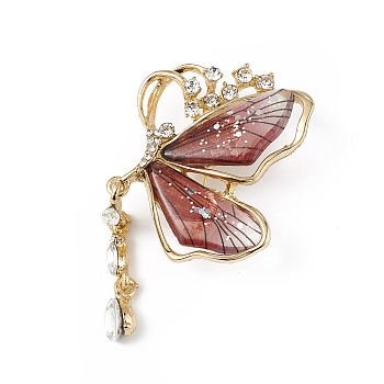 Resin Butterfly Brooch Pin with Crystal Rhinestone, Light Gold Alloy Badge for Women, Indian Red, 68.5x38.5x13mm, Pin: 0.8mm