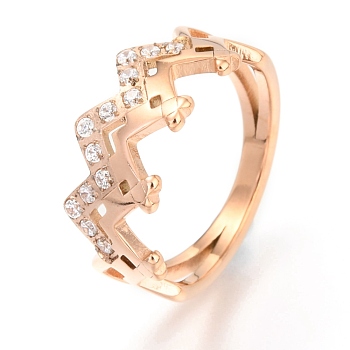 304 Stainless Steel Finger Rings, with Crystal Rhinestone, Wave, Rose Gold, US Size 7, Inner Diameter: 17mm