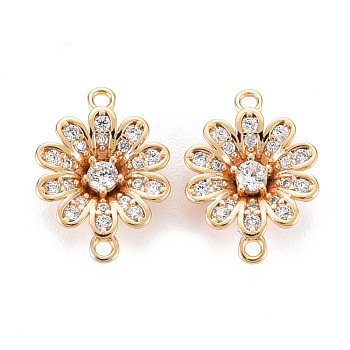 Brass Micro Pave Clear Cubic Zirconia Link Connectors, Nickel Free, Flower, Real 18K Gold Plated, 13x9.5x3mm, Hole: 1mm